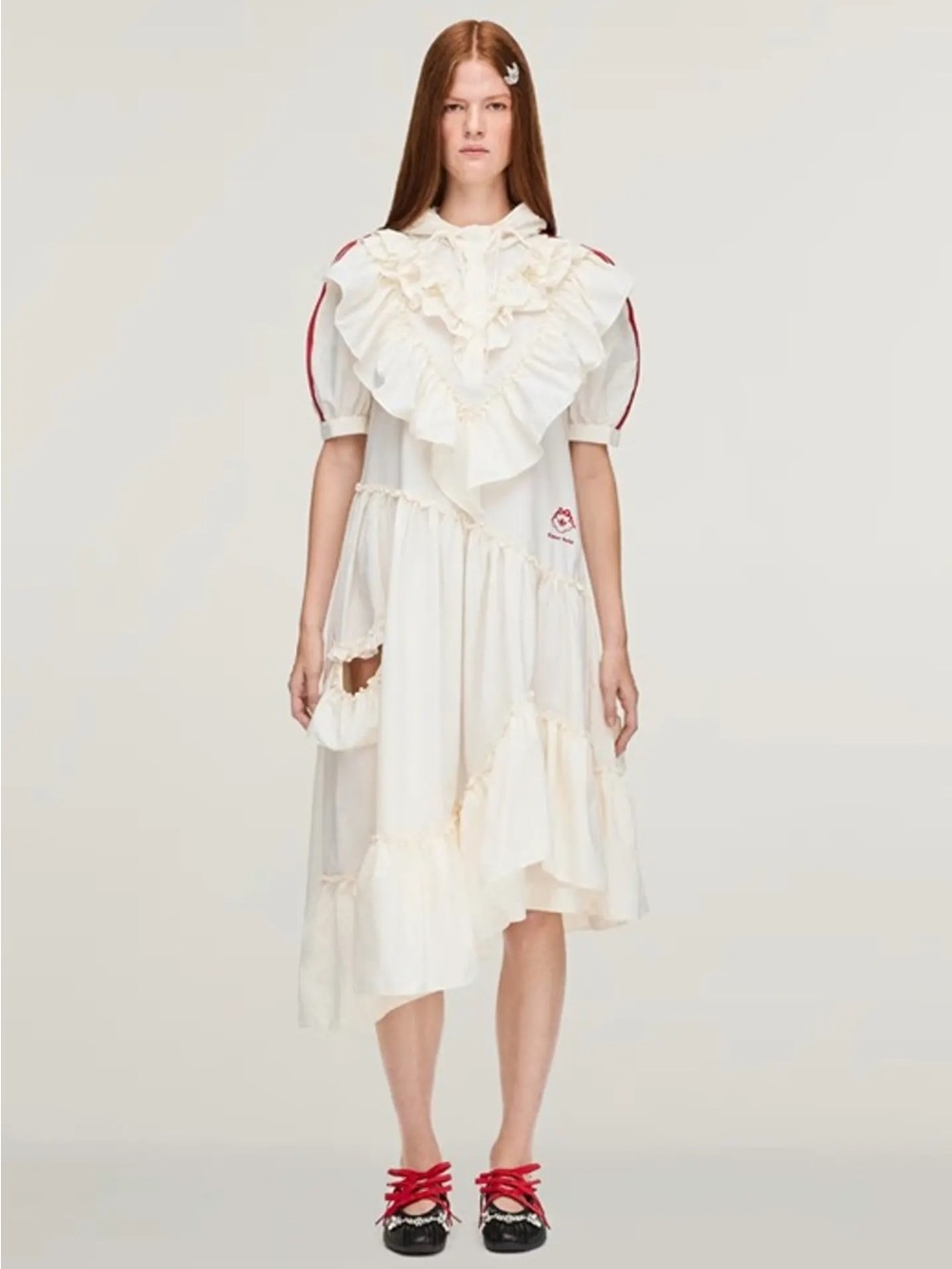 NWT Simone Rocha adidas Cream Tiered Midi Dress with Burgundy Sleeves